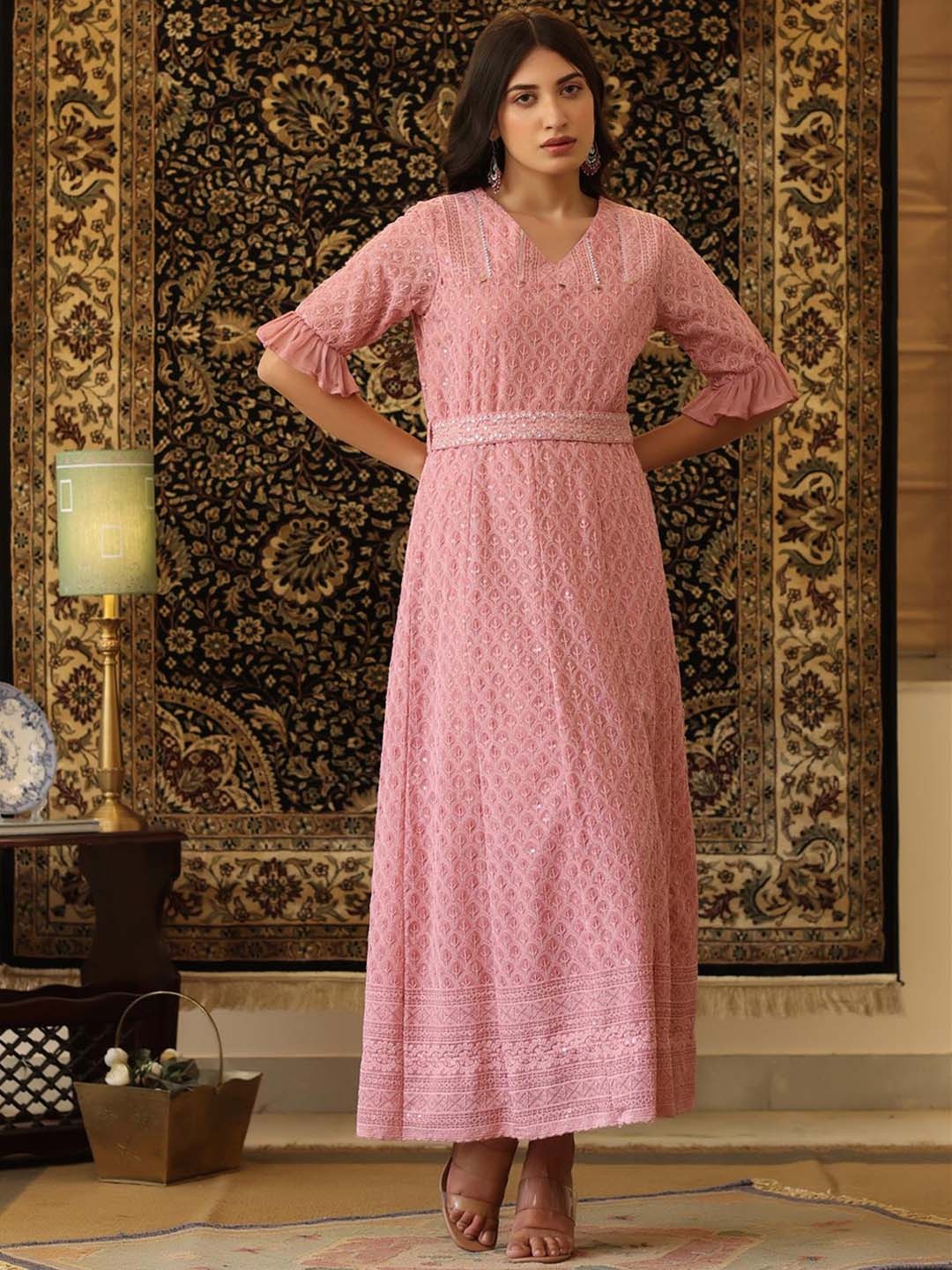 

SCAKHI Women Rose Ethnic Motifs Embroidered Pastels Georgette Kurta