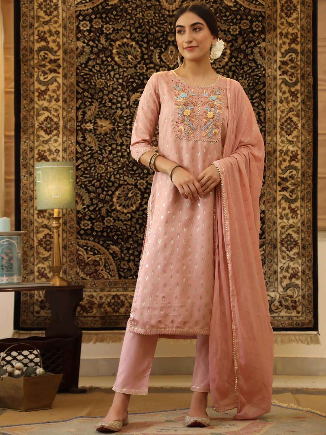 

SCAKHI Women Peach Embroidered Pure Silk Straight Kurta with Trousers & With Dupatta