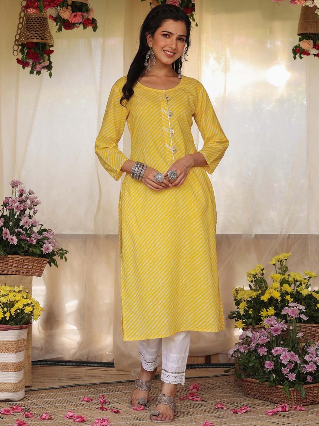 

SCAKHI Women Yellow Floral Striped Straight Kurta