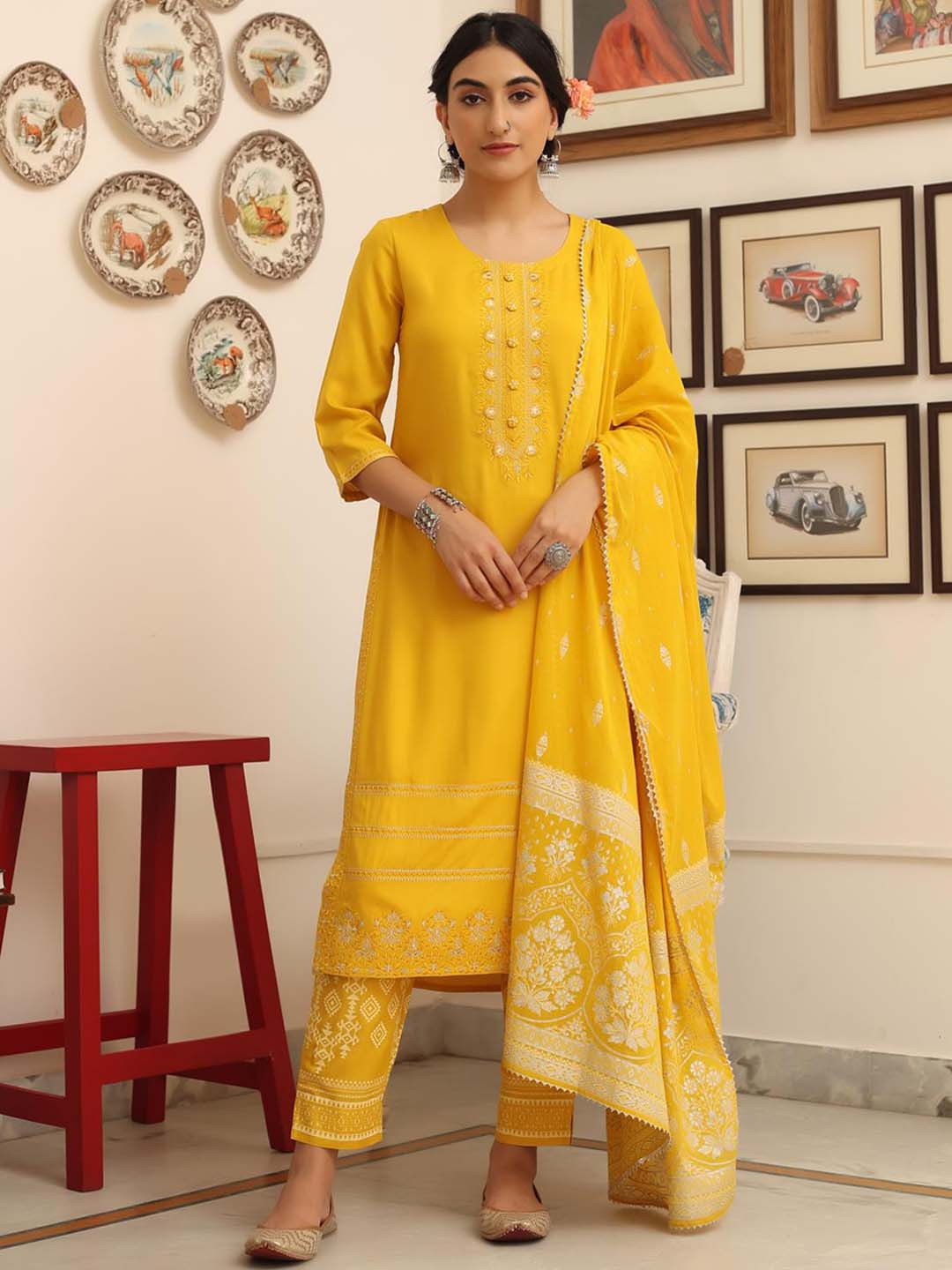 

SCAKHI Women Ethnic Motifs Embroidered Gotta Patti Kurta with Trousers & Dupatta, Yellow