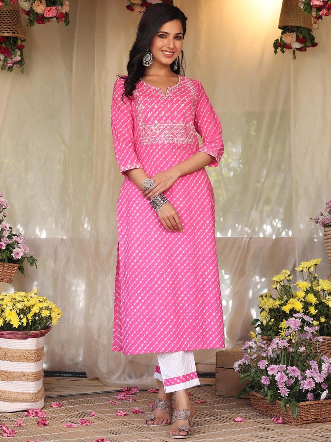 

SCAKHI Women Leheriya Printed Pure Cotton Kurta with Trousers, Pink