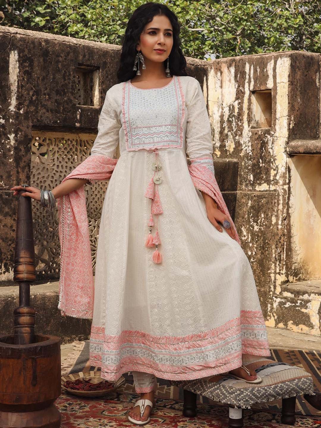 

SCAKHI Women Panelled Pure Cotton Kurta With Trousers & Dupatta, White