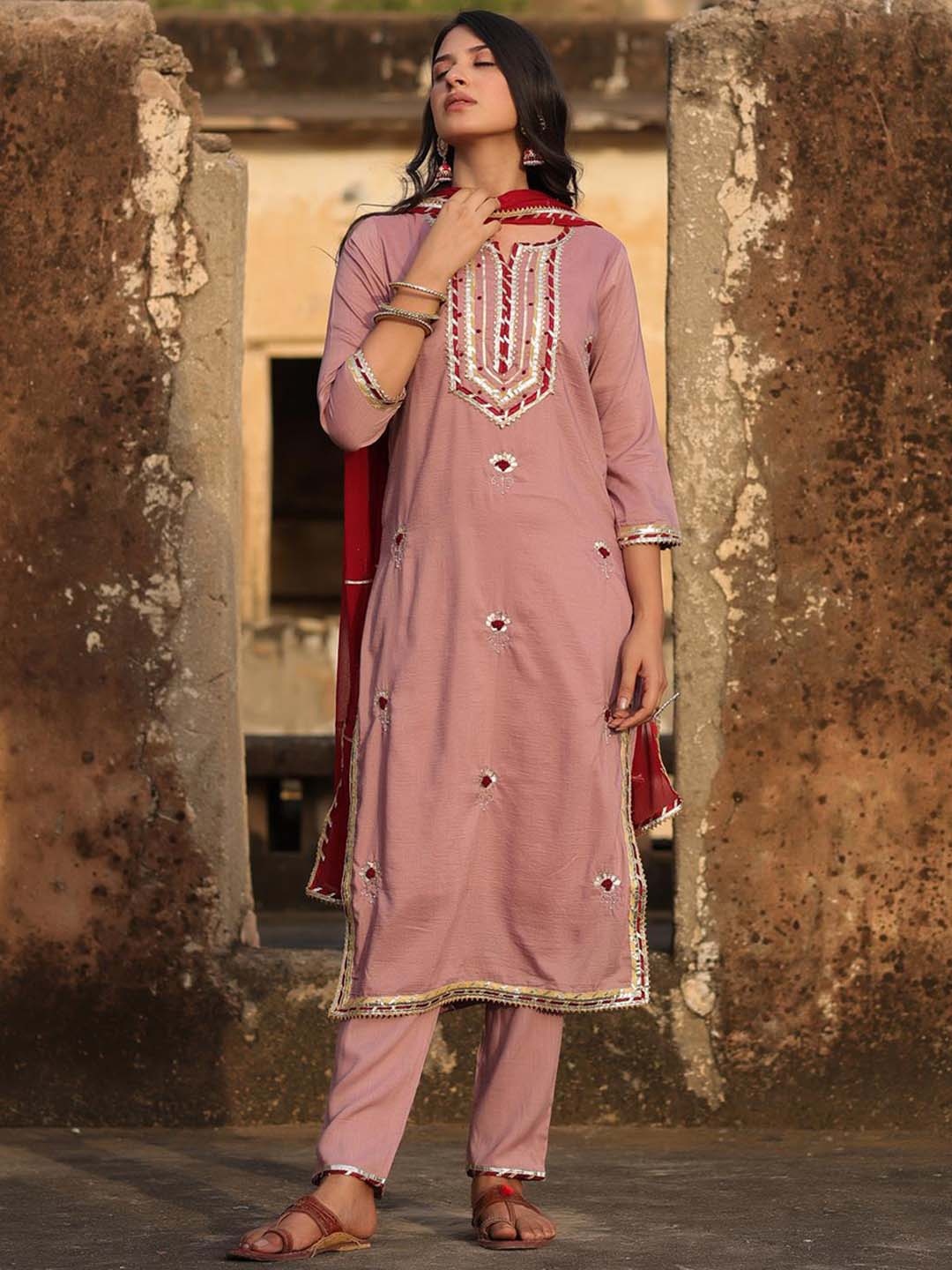 

SCAKHI Women Ethnic Motifs Yoke Design Gotta Patti Pure Silk Kurta with Trousers & Dupatta, Pink