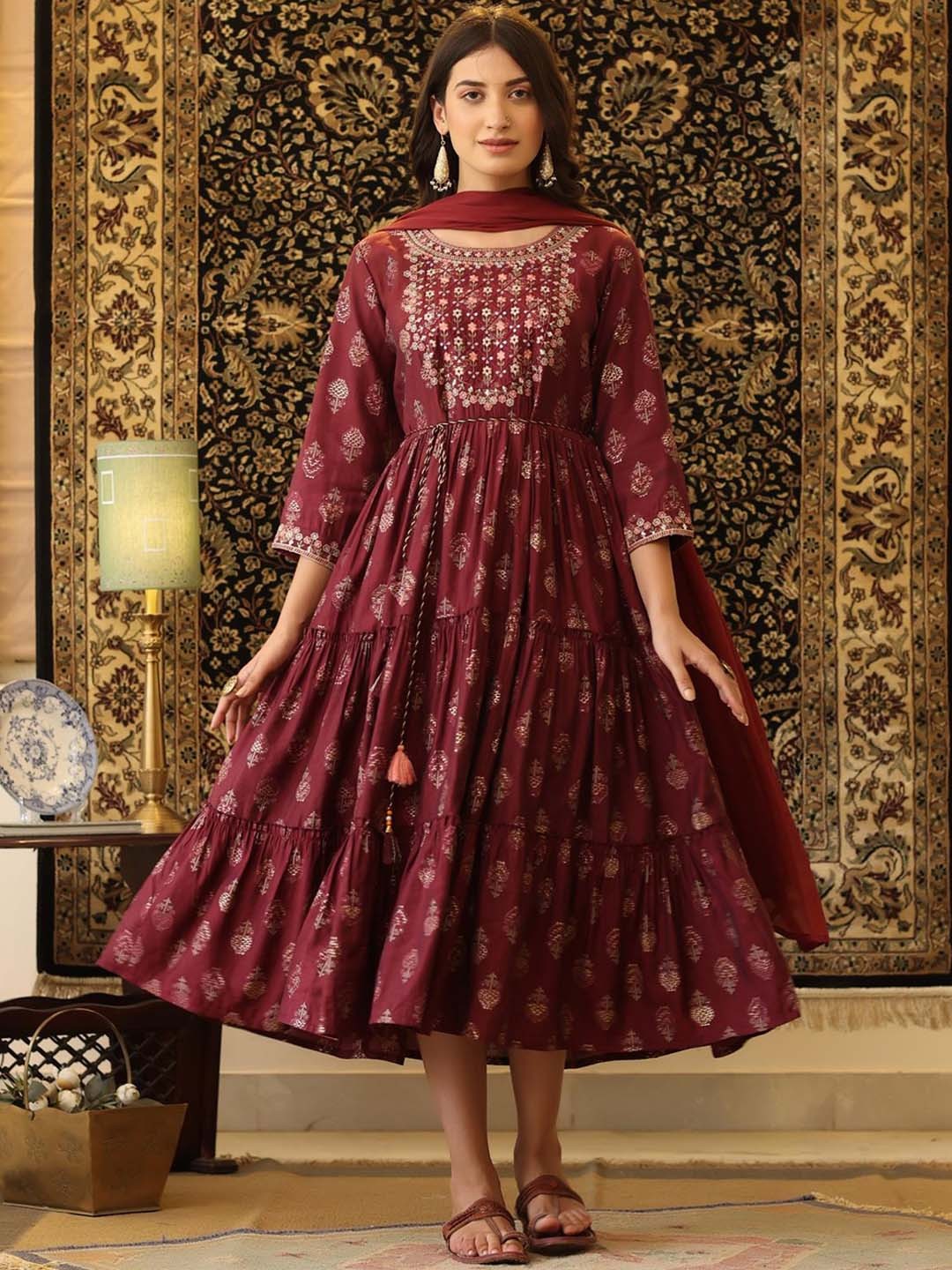 

SCAKHI Women Maroon Ethnic Motifs Printed Tiering Anarkali Kurta With Dupatta