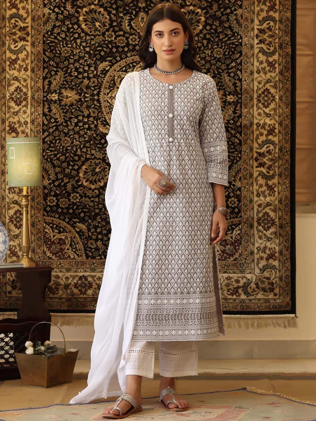 

SCAKHI Women Embroidered Chikankari Kurta with Palazzos & With Dupatta, Grey