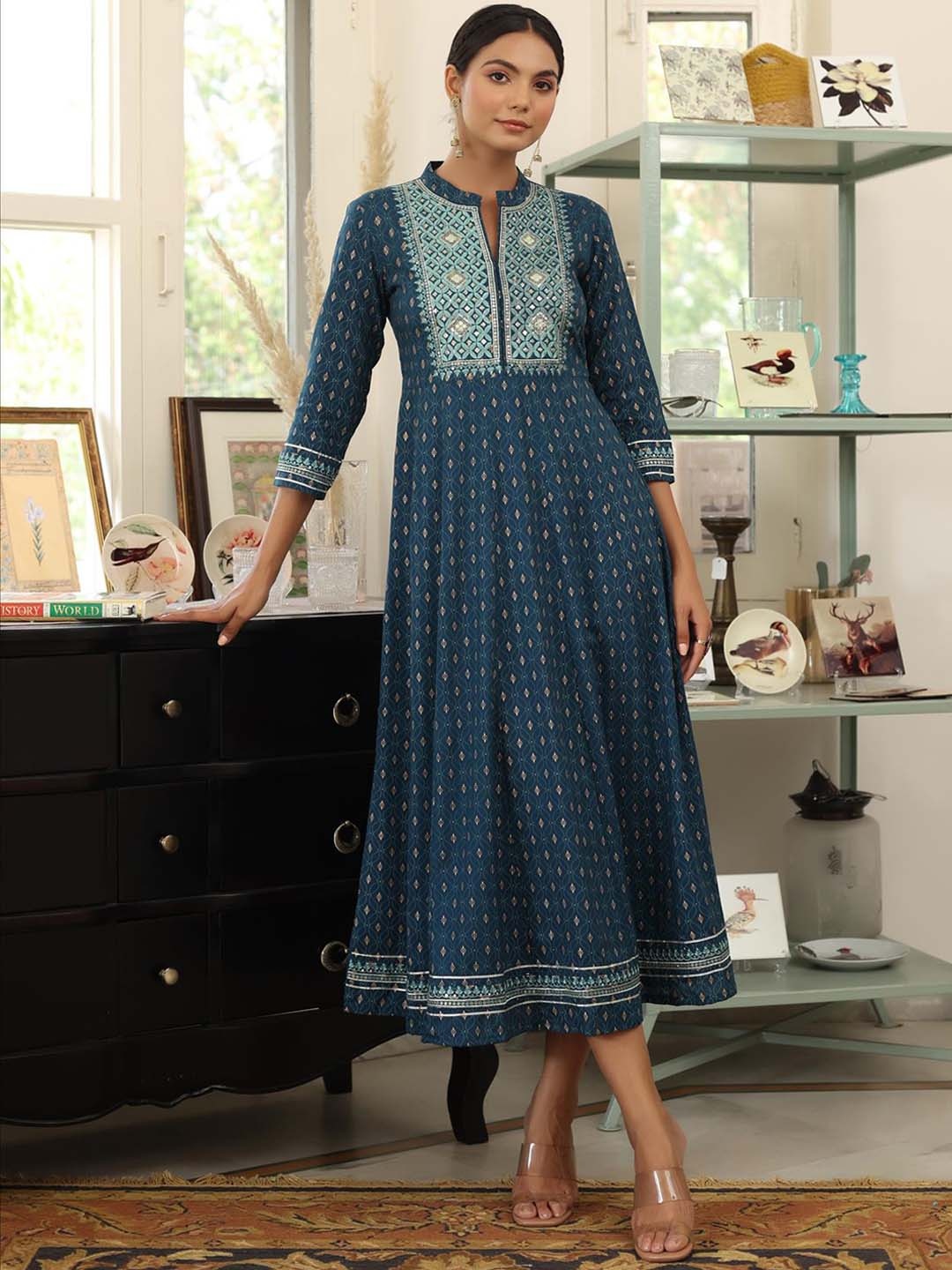 

SCAKHI Women Navy Blue Printed Anarkali Kurta