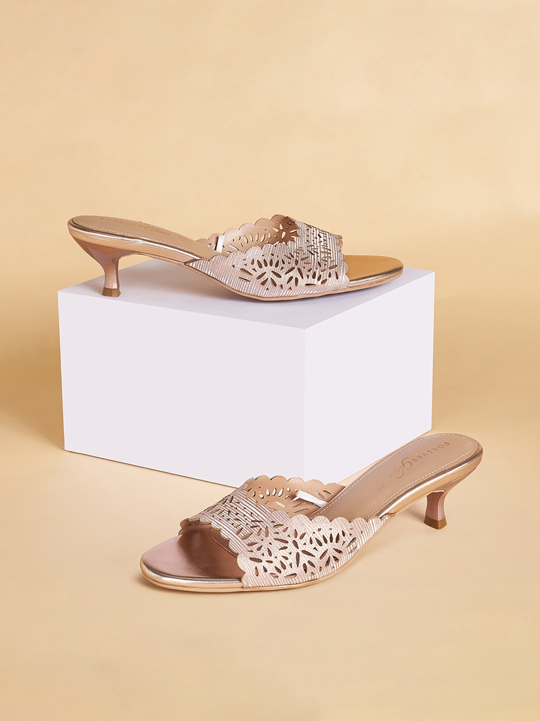 

Forever Glam by Pantaloons Textured Kitten Heels With Laser Cuts, Rose gold