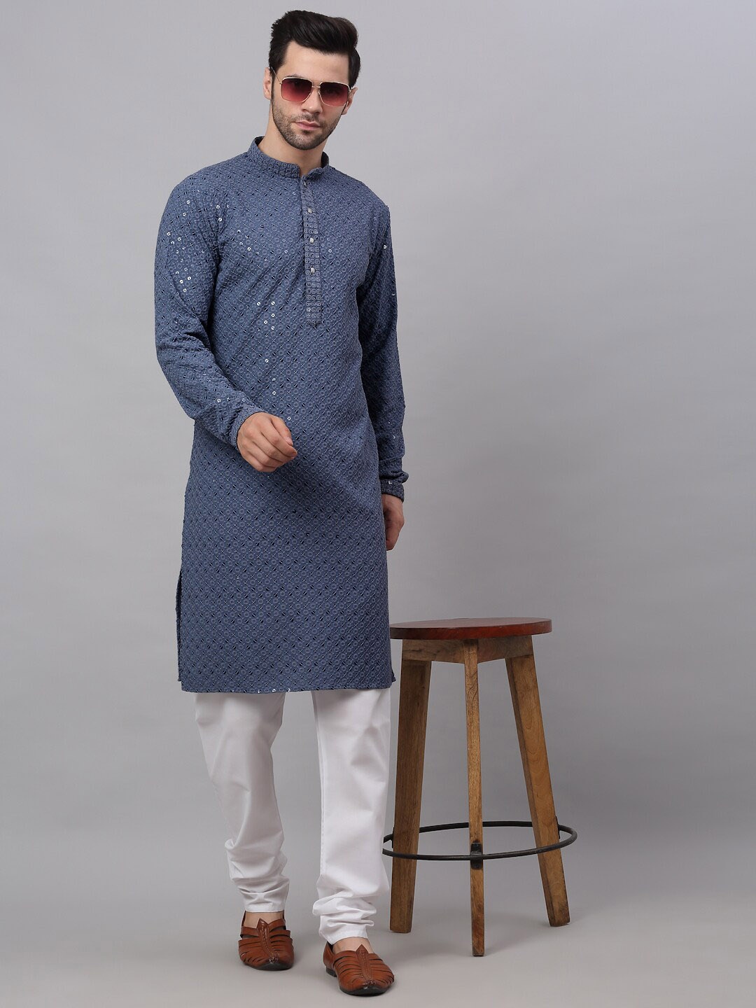 

Jompers Men Embroidered Pure Cotton Kurta with Pyjamas, Grey