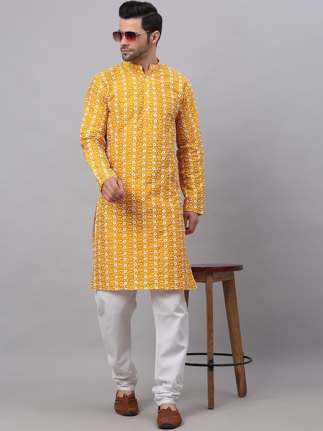 

Jompers Men Floral Embroidered Chikankari Dupion Silk Kurta with Churidar, Mustard