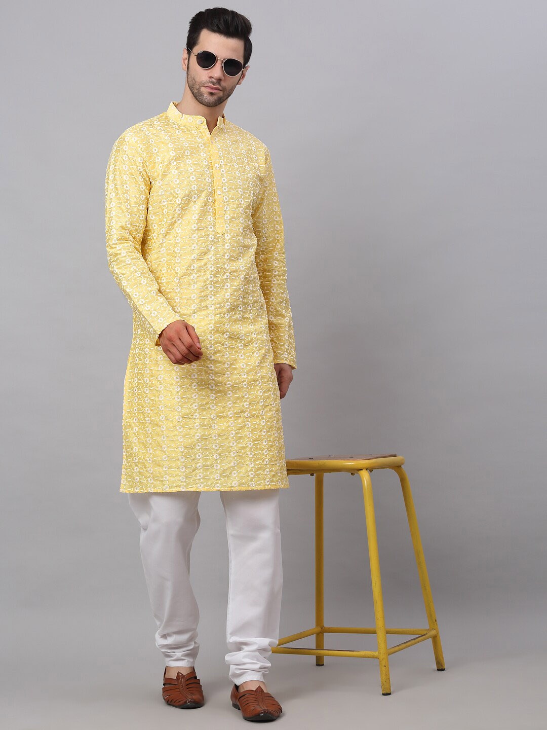 

Jompers Men Floral Embroidered Dupion Silk Kurta with Churidar, Yellow