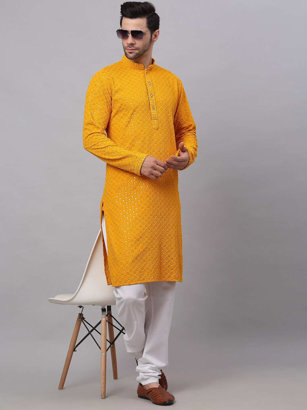 

Jompers Men Floral Embroidered Sequinned Pure Cotton Kurta with Churidar, Mustard