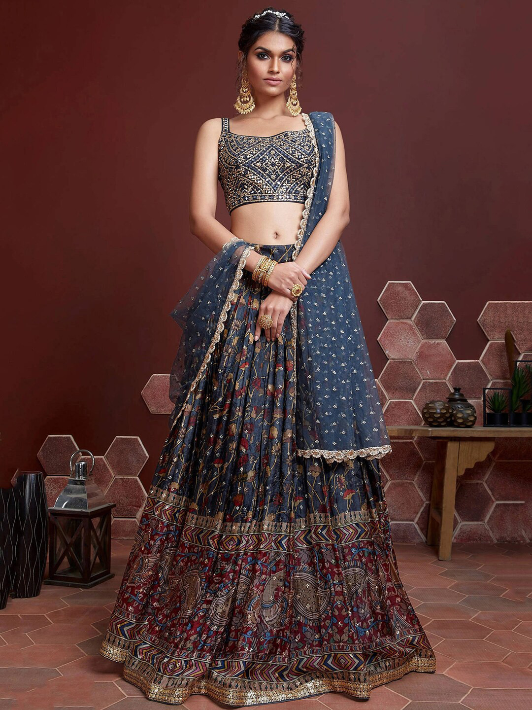 

FABPIXEL Blue & Pink Embellished Semi-Stitched Lehenga & Unstitched Blouse With Dupatta
