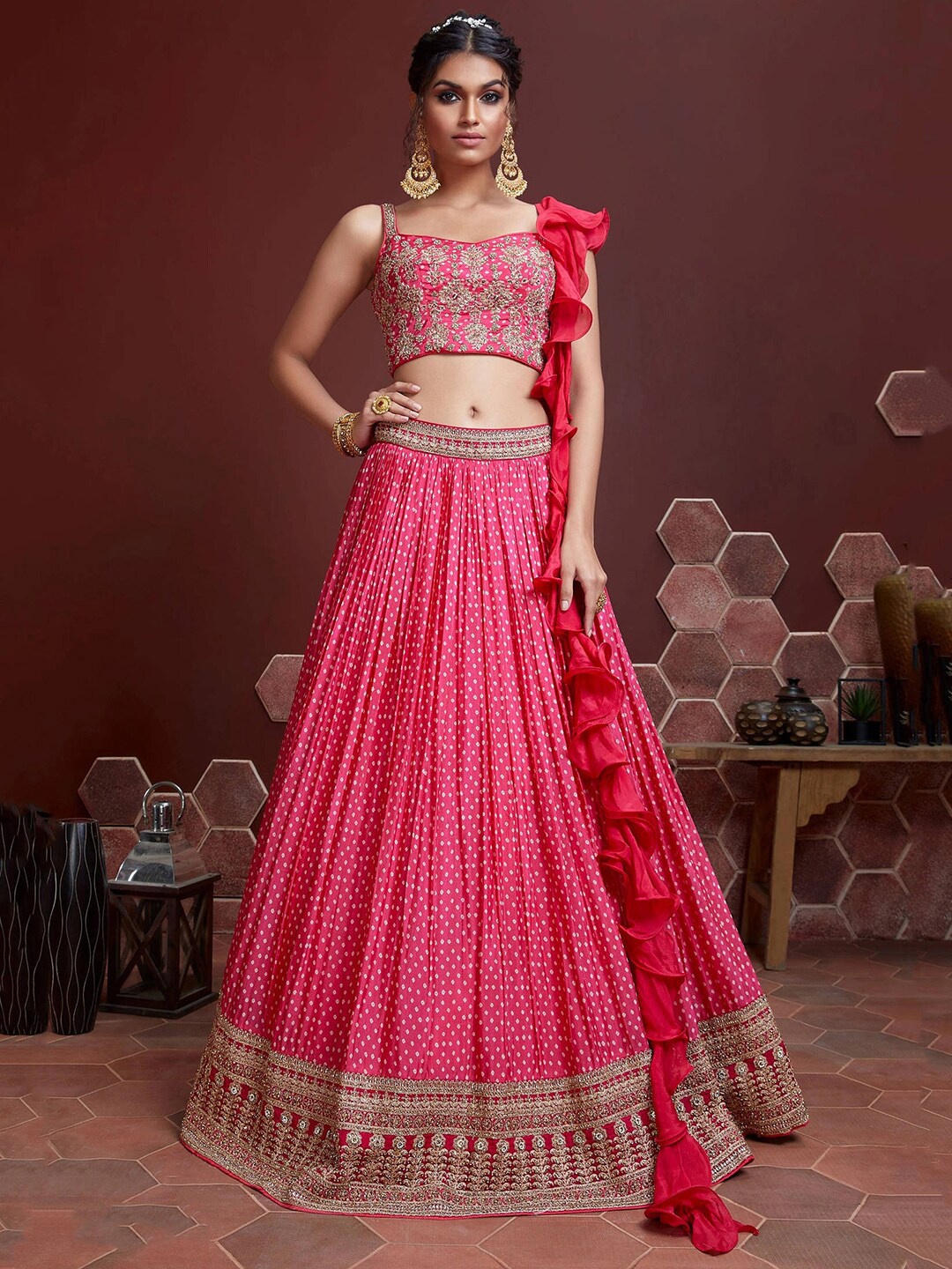 

FABPIXEL Pink & Off White Embellished Semi-Stitched Lehenga & Unstitched Blouse With Dupatta