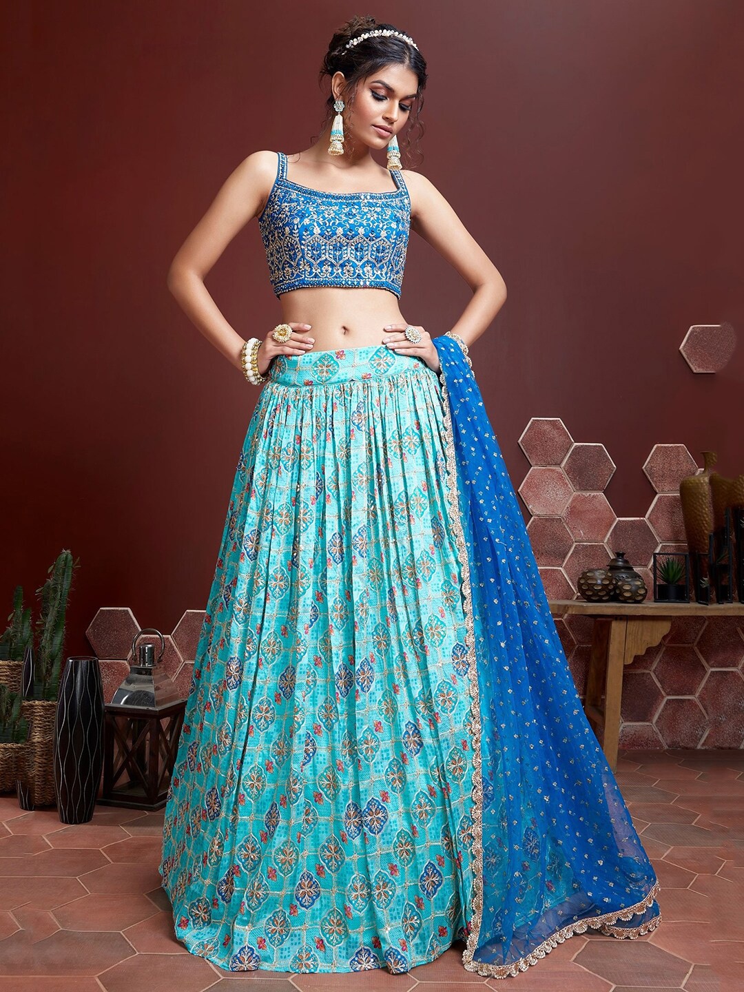 

FABPIXEL Blue & Pink Embellished Semi-Stitched Lehenga & Unstitched Blouse With Dupatta