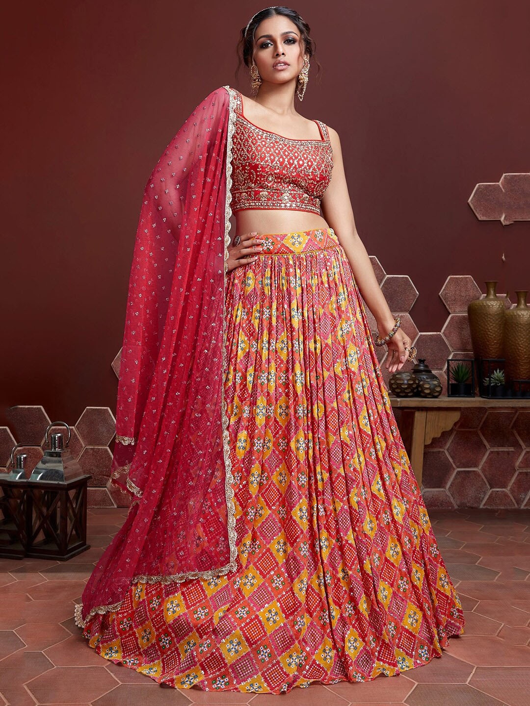 

FABPIXEL Red & Yellow Embellished Semi-Stitched Lehenga Choli With Dupatta