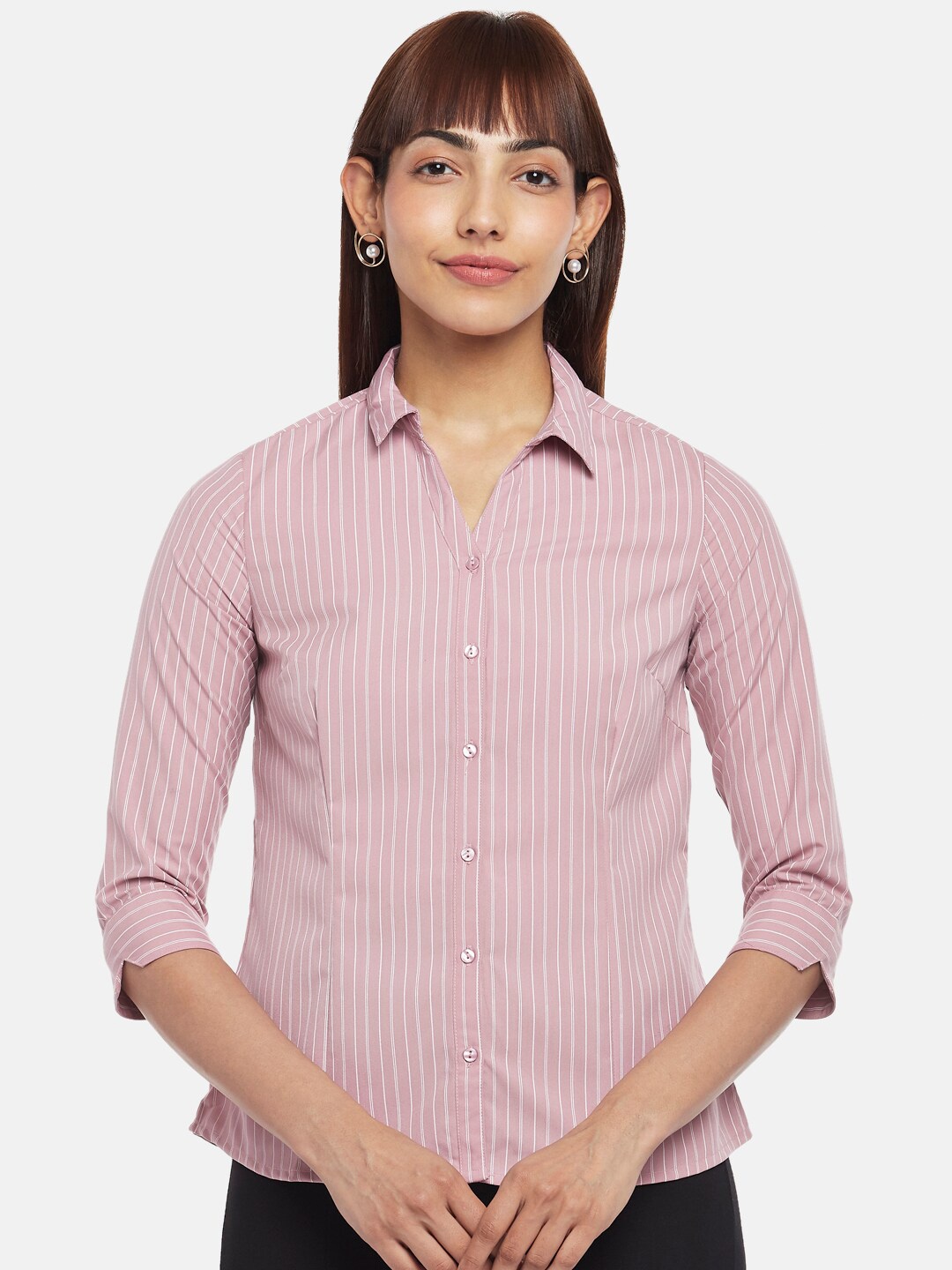 

Annabelle by Pantaloons Women Pink Striped Formal Shirt