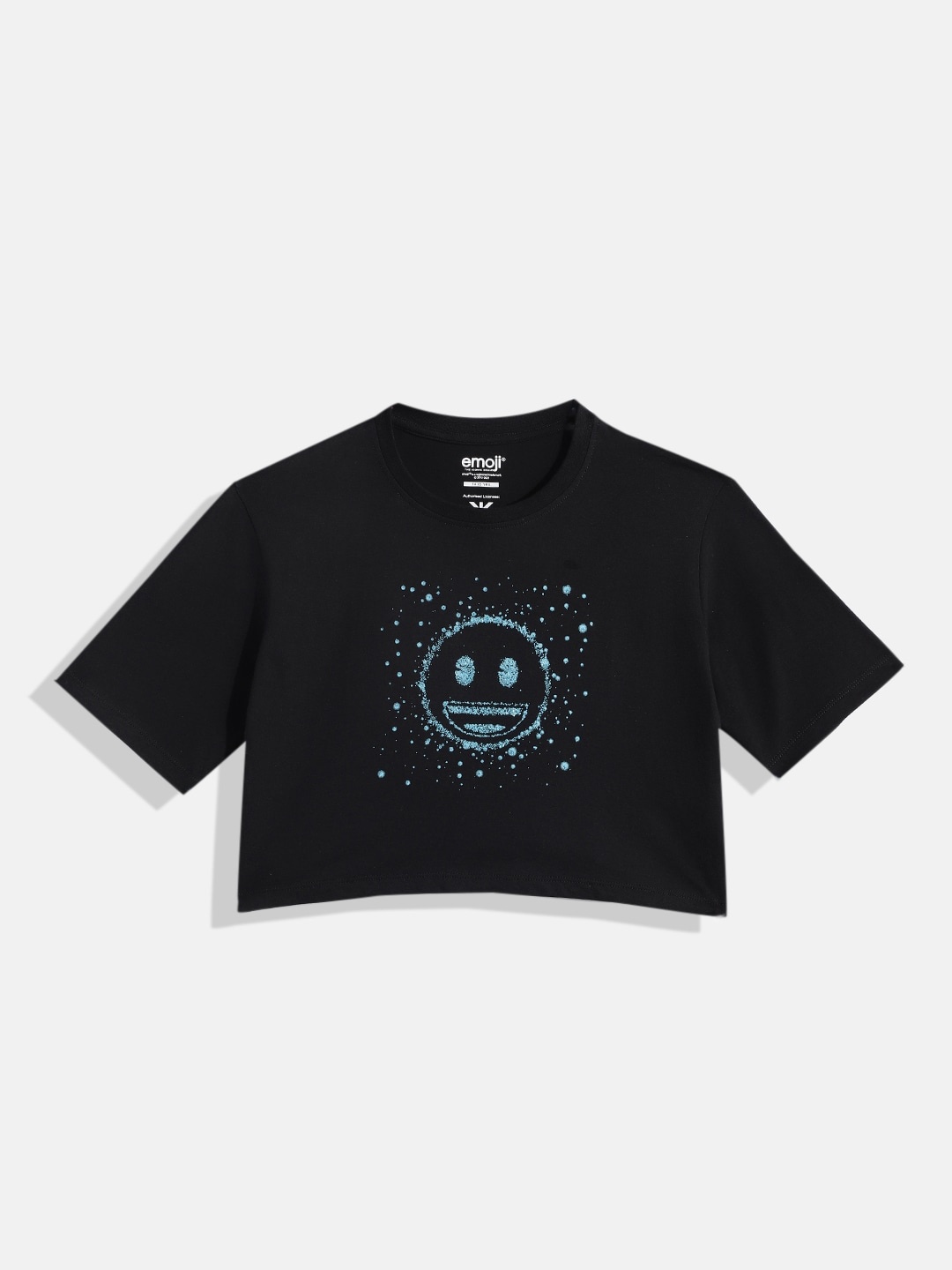 

Kook N Keech Emoji Teens Girls Printed Pure Cotton Boxy Crop Top, Black