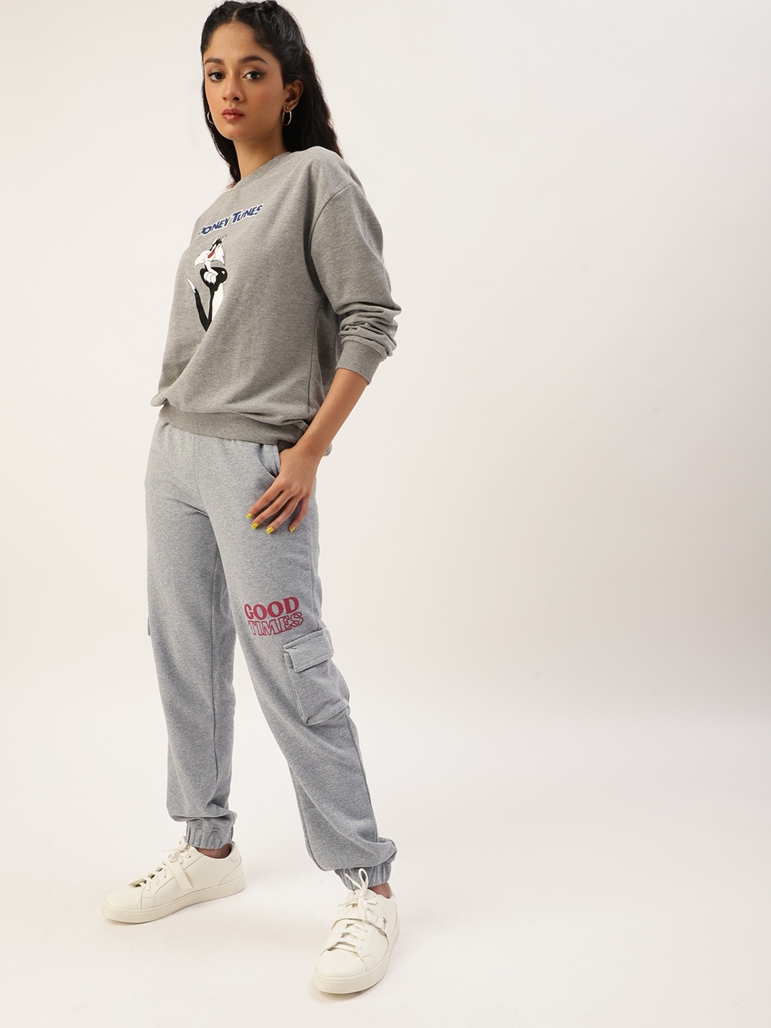 

Kook N Keech Teens Girls Grey-Melange Solid Joggers with Typography Print Detail