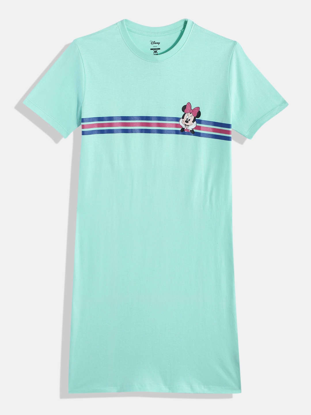 

Kook N Keech Disney Teens Minnie Mouse Placement Print & Striped Pure Cotton T-shirt Dress, Green