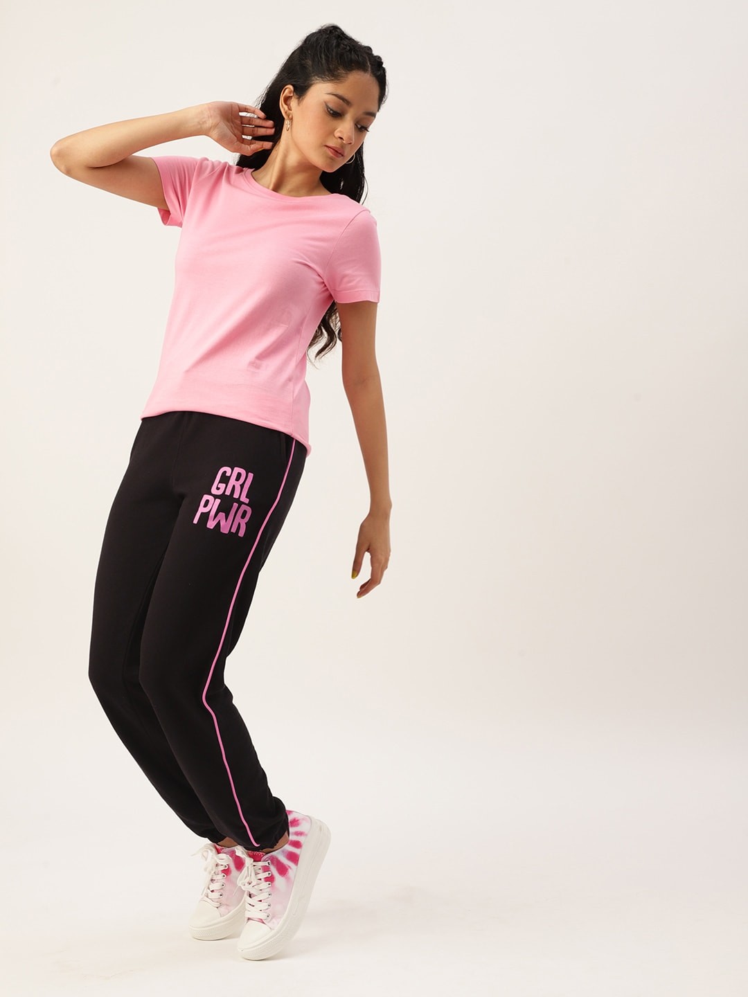 

Kook N Keech Teens Girls Black & Pink Solid Joggers with Typography Print Detail