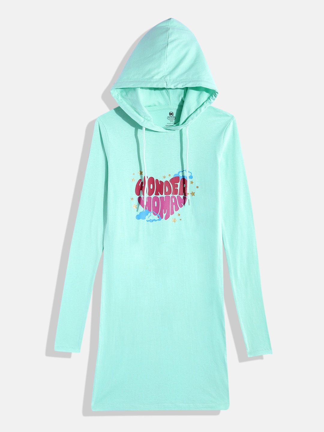 

Kook N Keech Wonder Woman Print Hooded T-shirt Dress, Turquoise blue
