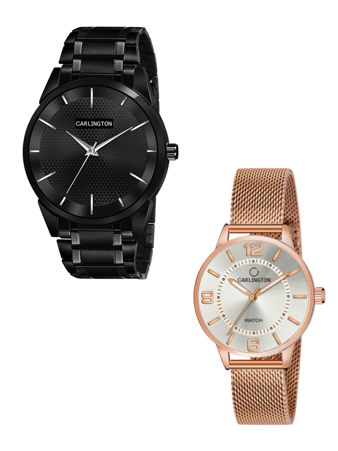 

CARLINGTON Unisex Pack of 2 Black Brass Dial & Black Stainless Steel Bracelet Style Straps Analogue Watch Combo CT6010 BB-CT2002