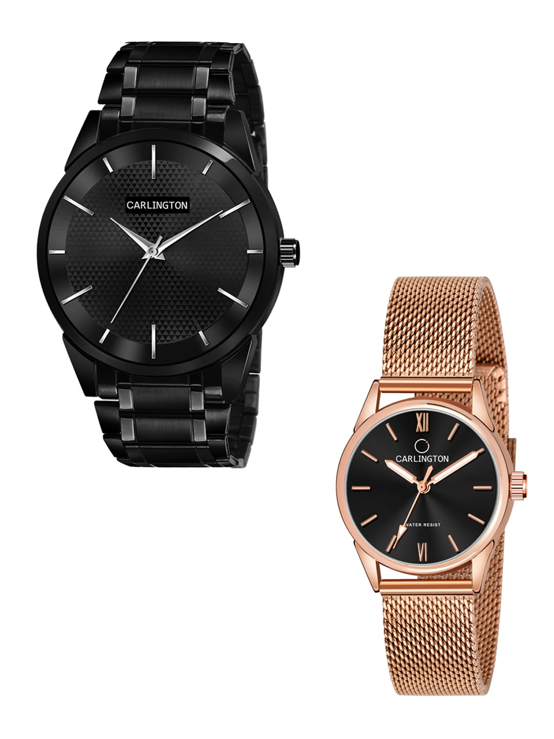 

CARLINGTON Unisex Pack of 2 Black Brass Dial & Black Stainless Steel Bracelet Style Straps Analogue Watch Combo CT6010 BB-CT2008 RoseBlack-Multicolor