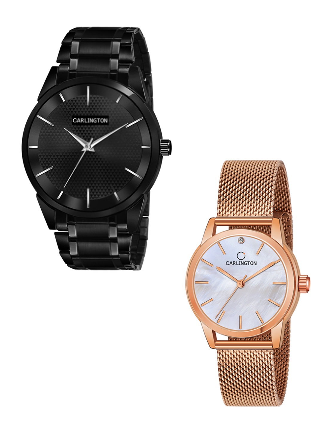 

CARLINGTON Unisex Pack of 2 Black Brass Dial & Black Stainless Steel Bracelet Style Straps Analogue Watch Combo CT6010 BB-CT2010