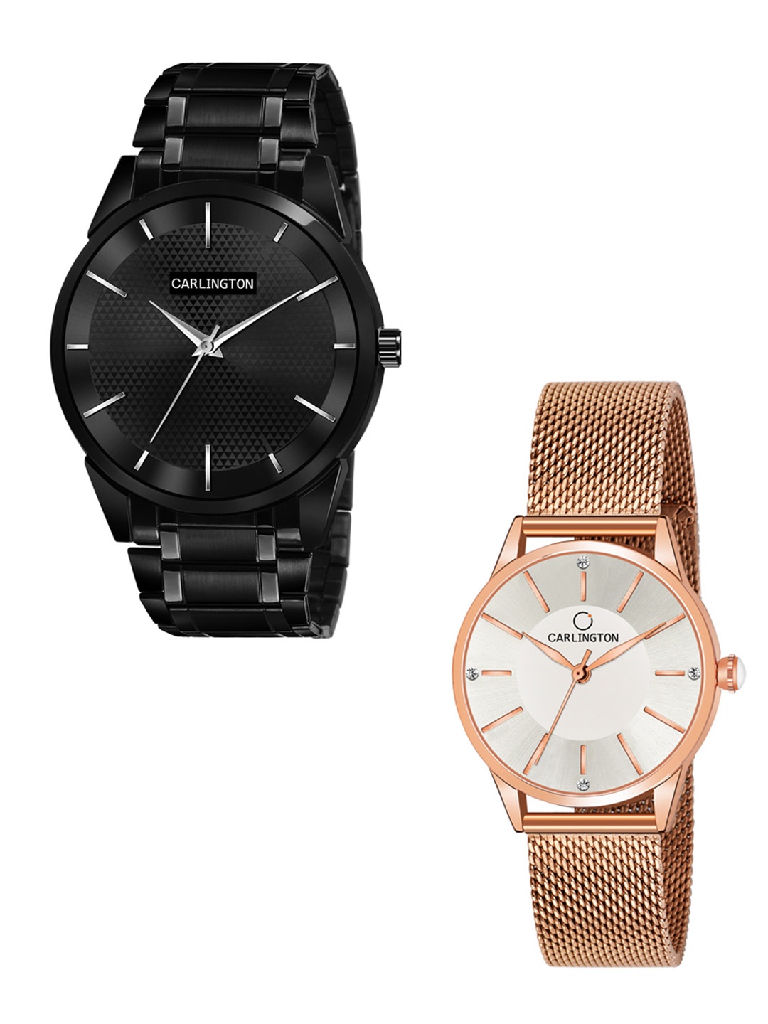 

CARLINGTON Unisex Pack of 2 Black Brass Dial & Black Stainless Steel Bracelet Style Straps Analogue Watch Combo CT6010 BB-CT2004