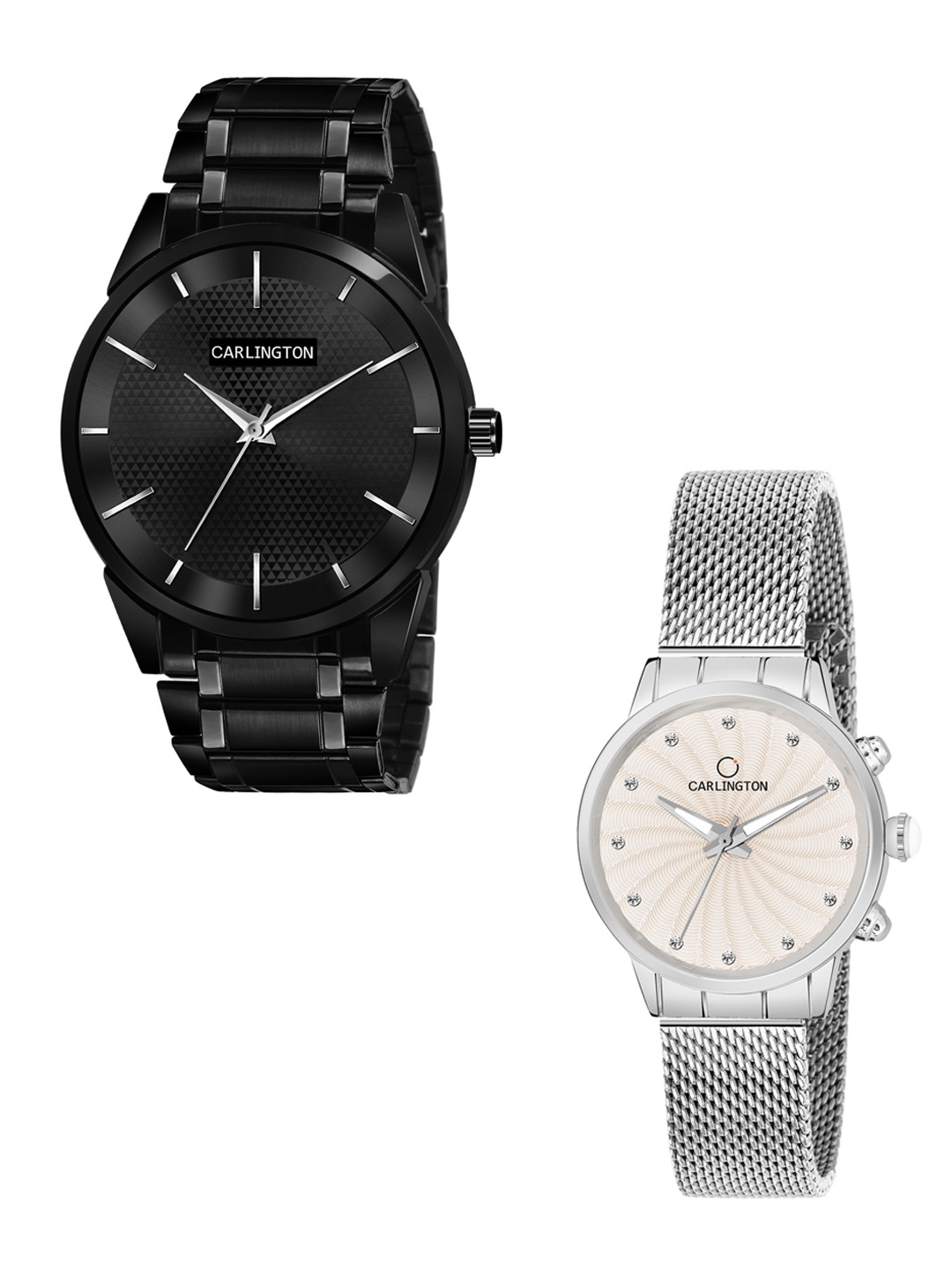 

CARLINGTON Unisex Pack of 2 Black Brass Dial & Black Stainless Steel Bracelet Style Straps Analogue Watch Combo CT6010 BB-CT2017