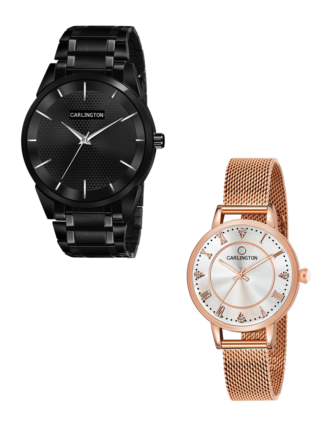 

CARLINGTON Unisex Pack of 2 Black Brass Embellished Dial & Black Stainless Steel Bracelet Style Straps Analogue Watch Combo CT6010 BB-CT2013