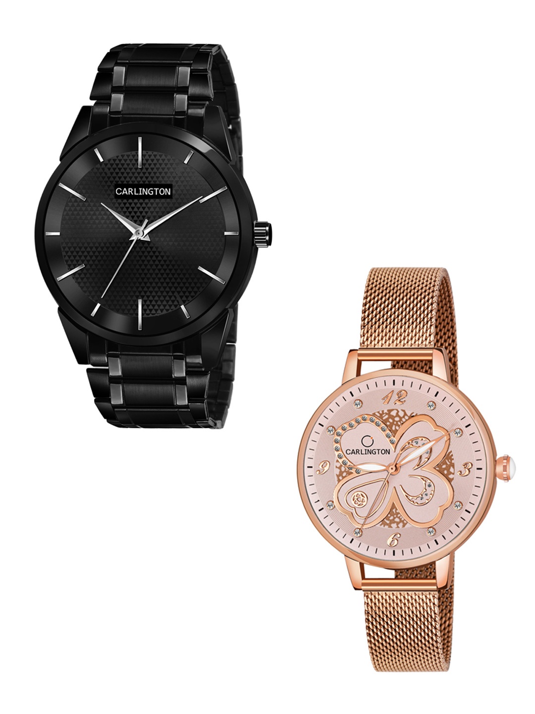 

CARLINGTON Unisex Pack of 2 Black Brass Dial & Black Stainless Steel Bracelet Style Straps Analogue Watch Combo CT6010 BB-CT2019