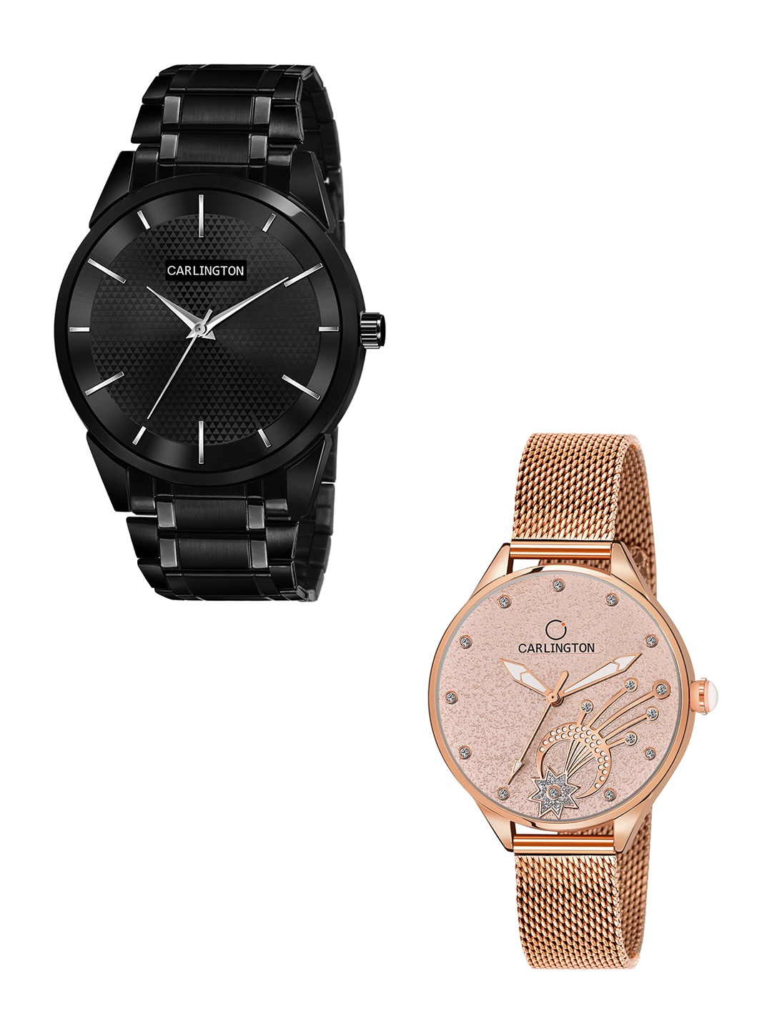 

CARLINGTON Unisex Pack of 2 Black Brass Dial & Black Stainless Steel Bracelet Style Straps Analogue Watch Combo CT6010 BB-CT2020