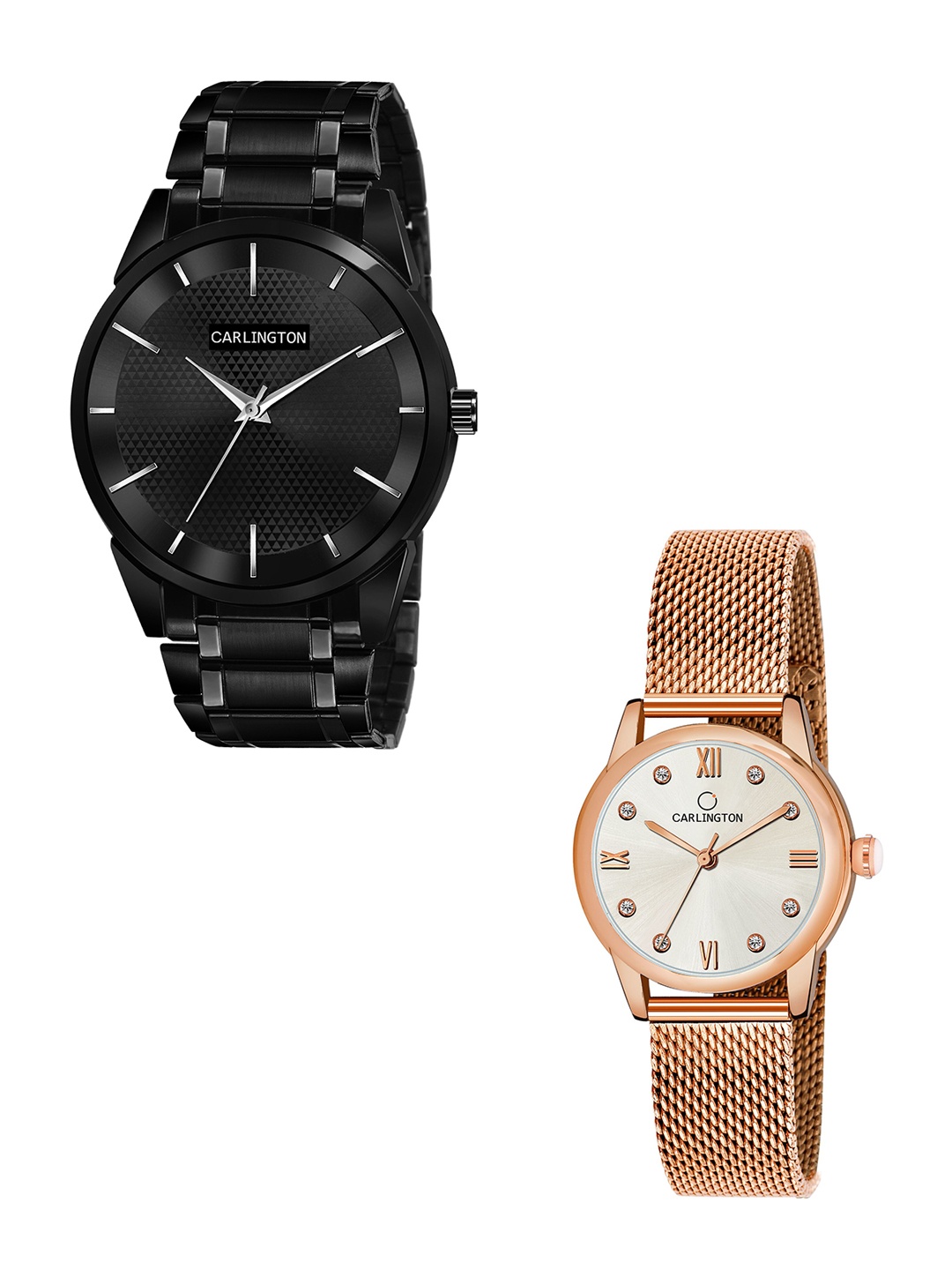 

CARLINGTON Unisex Pack of 2 Black Brass Dial & Black Stainless Steel Bracelet Style Straps Analogue Watch Combo CT6010 BB-CT2005