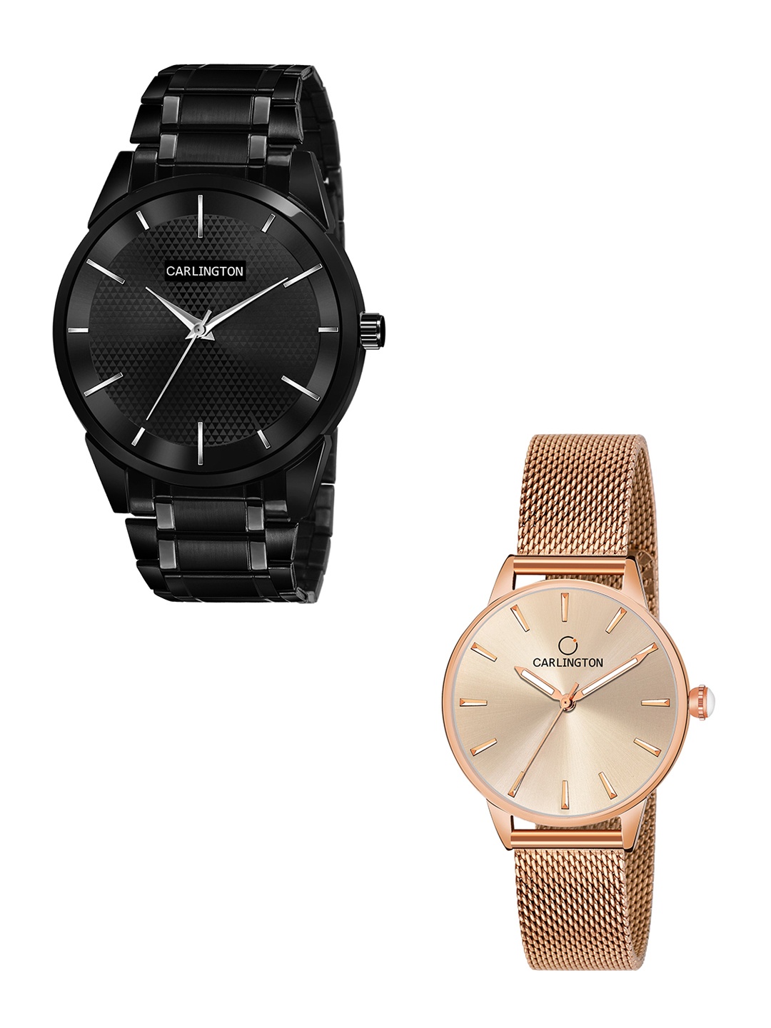 

CARLINGTON Unisex Pack of 2 Black Brass Dial & Black Stainless Steel Bracelet Style Straps Analogue Watch Combo CT6010 BB-CT2007