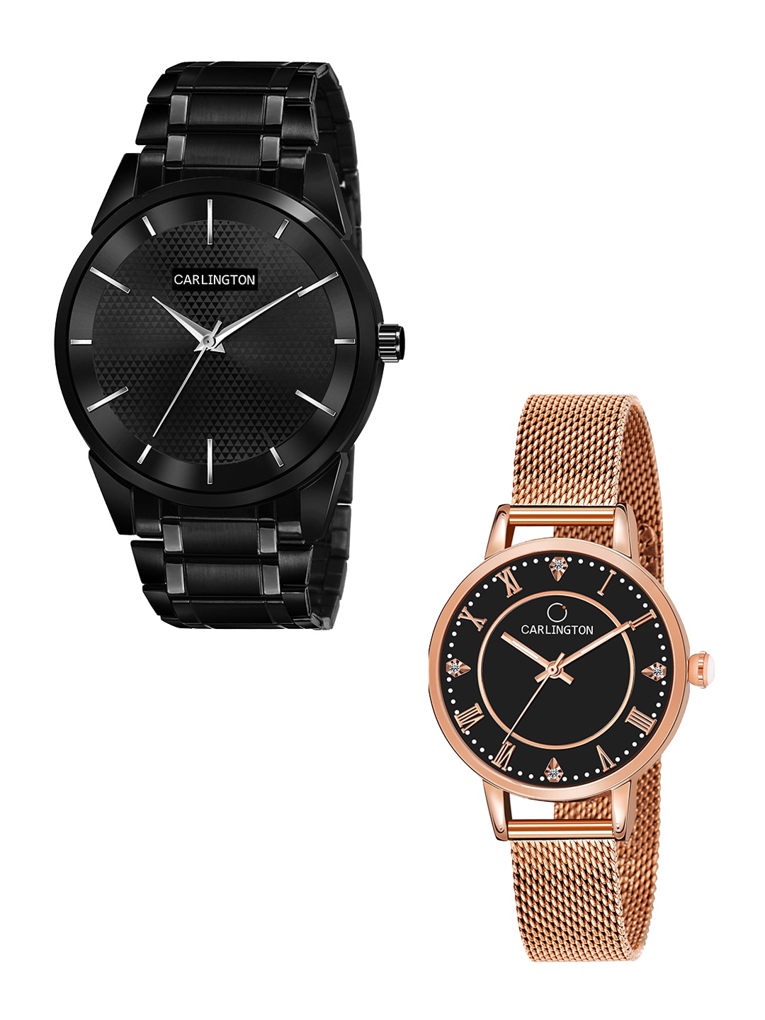 

CARLINGTON Unisex Pack of 2 Black Brass Dial & Black Stainless Steel Bracelet Style Straps Analogue Watch Combo CT6010 BB-CT2013
