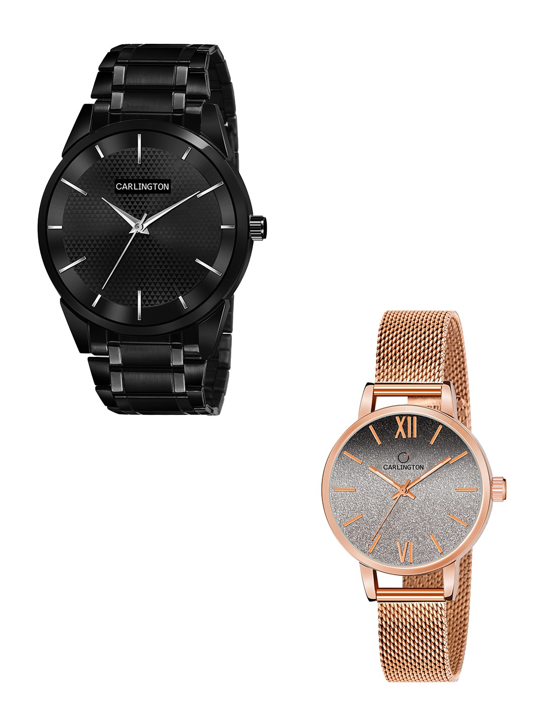

CARLINGTON Unisex Pack of 2 Black Brass Embellished Dial & Black Stainless Steel Bracelet Style Straps Analogue Watch Combo CT6010 BB-CT2018