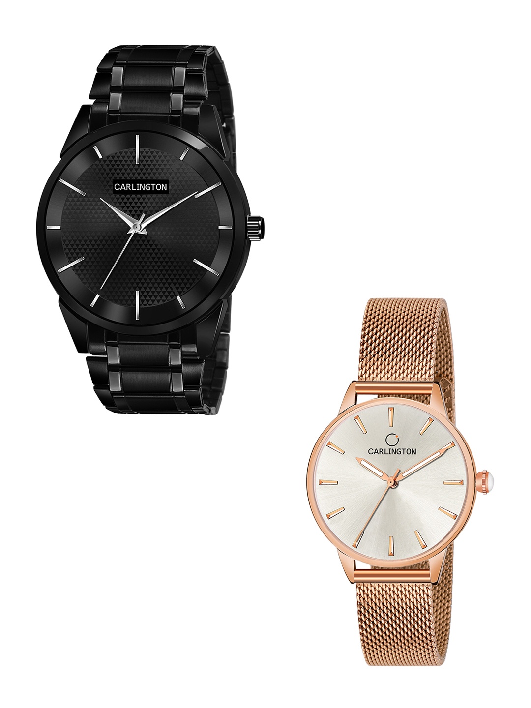 

CARLINGTON Unisex Pack of 2 Black Brass Dial & Black Stainless Steel Bracelet Style Straps Analogue Watch Combo CT6010 BB-CT2007