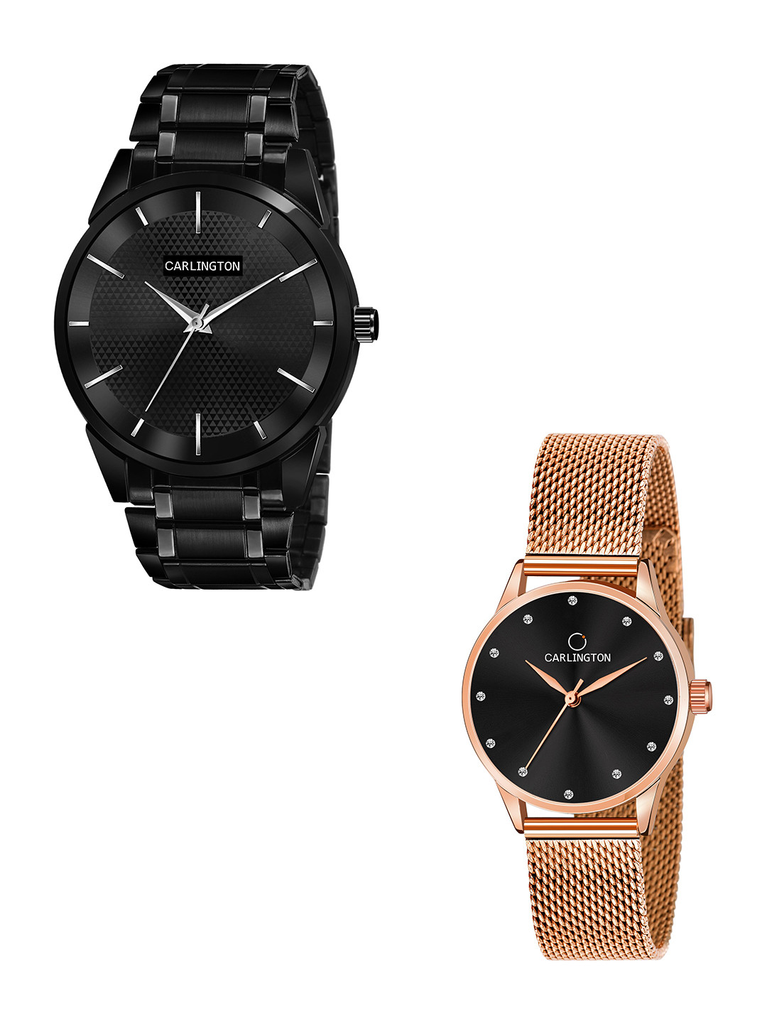 

CARLINGTON Unisex Pack of 2 Black Brass Dial & Black Stainless Steel Bracelet Style Straps Analogue Watch Combo CT6010 BB-CT2009