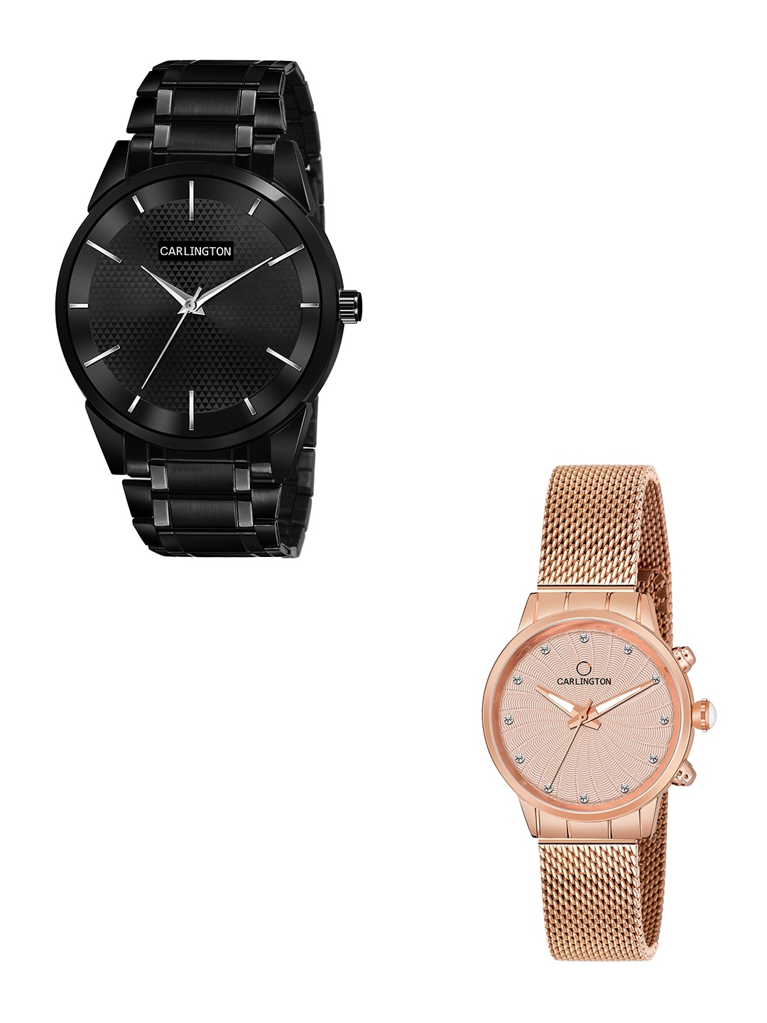 

CARLINGTON Unisex Pack of 2 Black Brass Dial & Black Stainless Steel Bracelet Style Straps Analogue Watch Combo CT6010 BB-CT2017