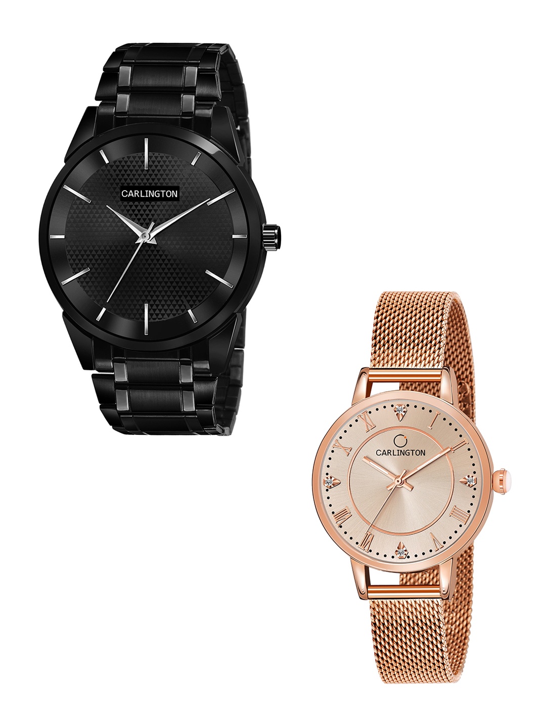 

CARLINGTON Unisex Pack of 2 Black Brass Dial & Black Stainless Steel Bracelet Style Straps Analogue Watch Combo CT6010 BB-CT2013