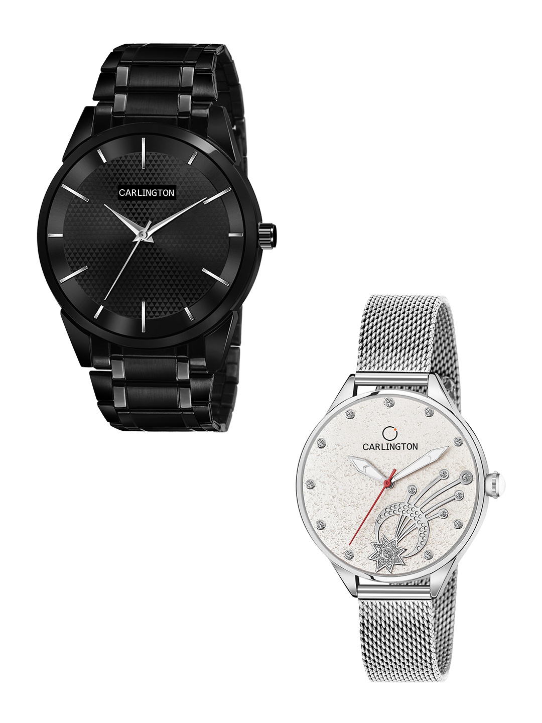 

CARLINGTON Unisex Pack of 2 Black Brass Dial & Black Stainless Steel Bracelet Style Straps Analogue Watch Combo CT6010 BB-CT2020