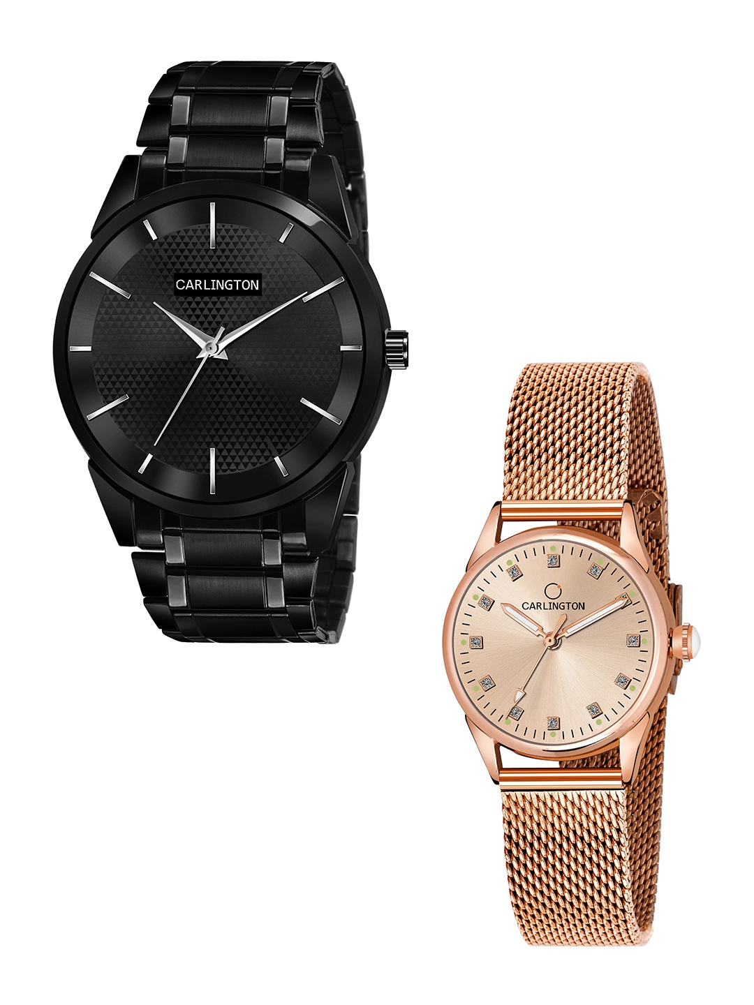 

CARLINGTON Unisex Pack of 2 Black Brass Dial & Black Stainless Steel Bracelet Style Straps Analogue Watch Combo CT6010 BB-CT2003