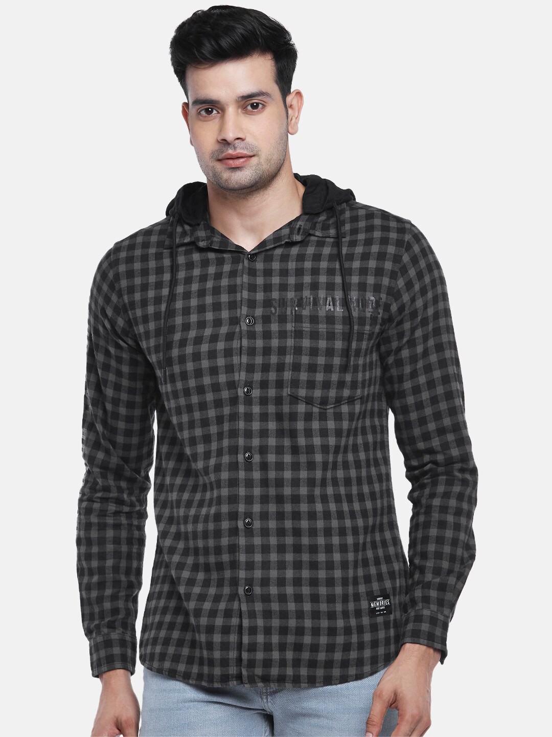 

People Men Slim Fit Buffalo Checked Casual Shirt, Black