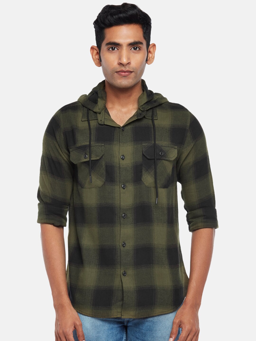

People Men Slim Fit Checked Casual Shirt, Olive