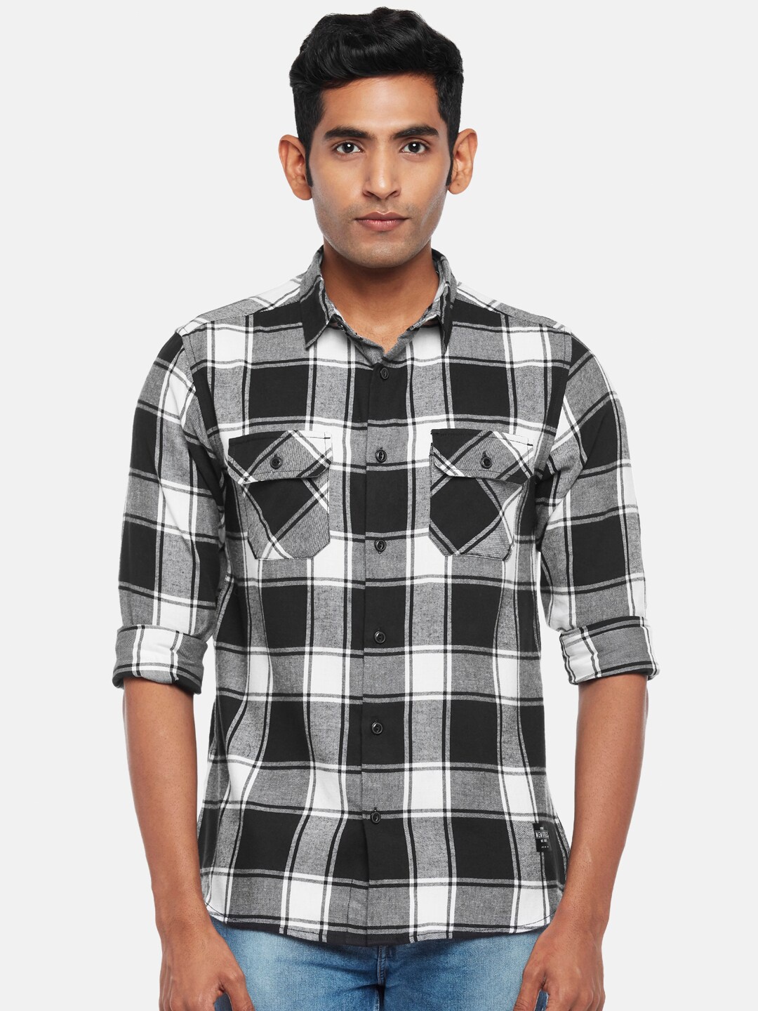 

People Men Slim Fit Tartan Checked Casual Shirt, Black