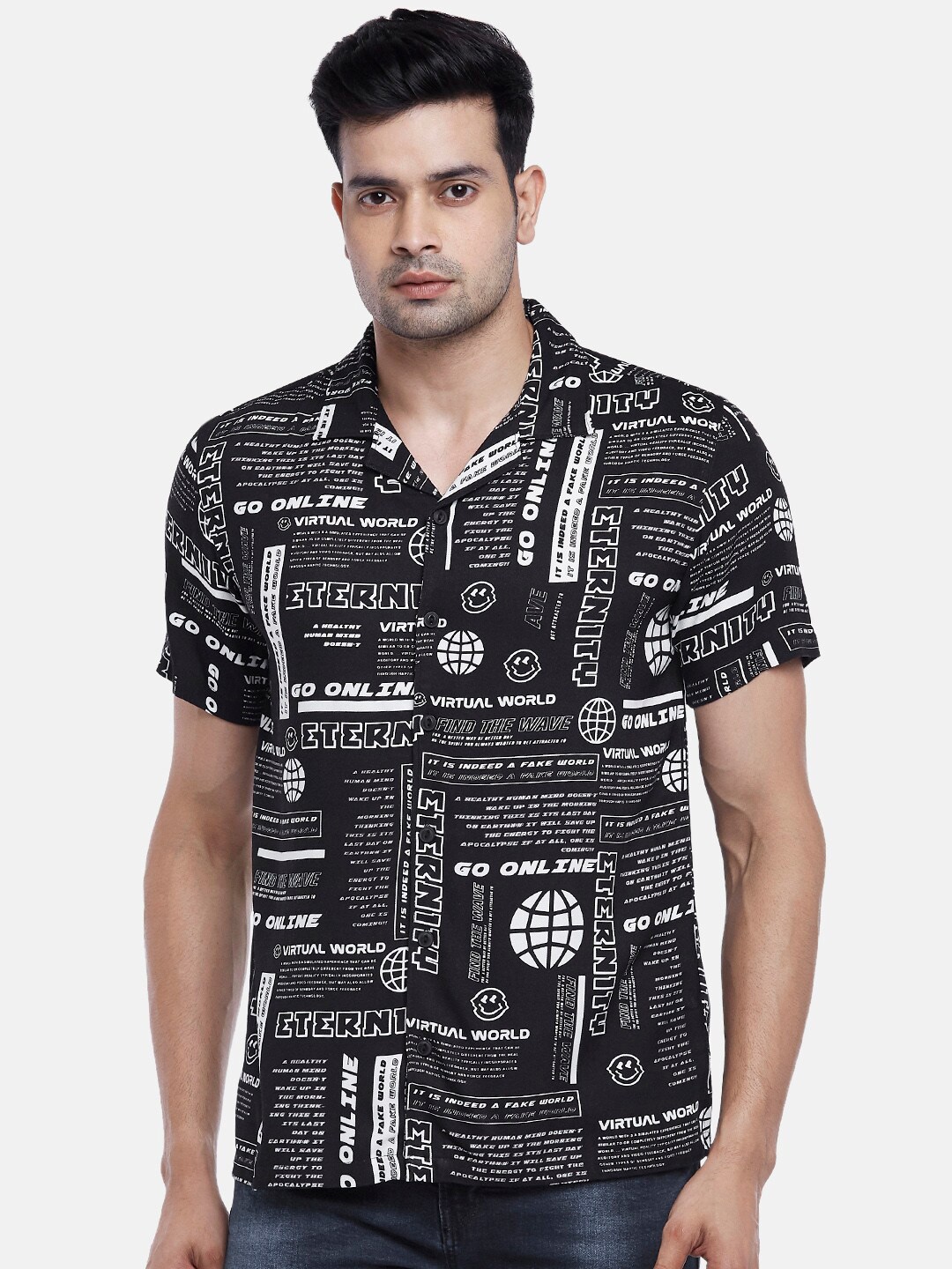 

People Men Slim Fit Printed Casual Shirt, Black