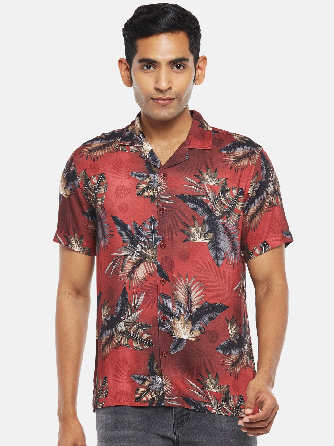 

People Men Slim Fit Floral Printed Casual Shirt, Maroon