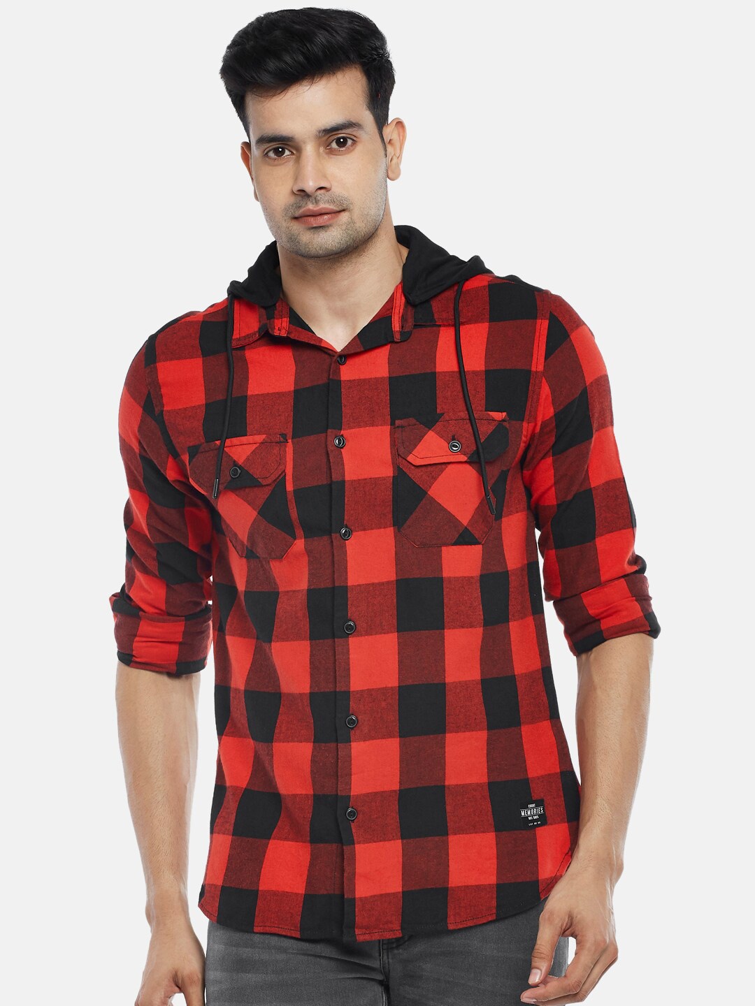 

People Men Slim Fit Buffalo Checked Casual Shirt, Red