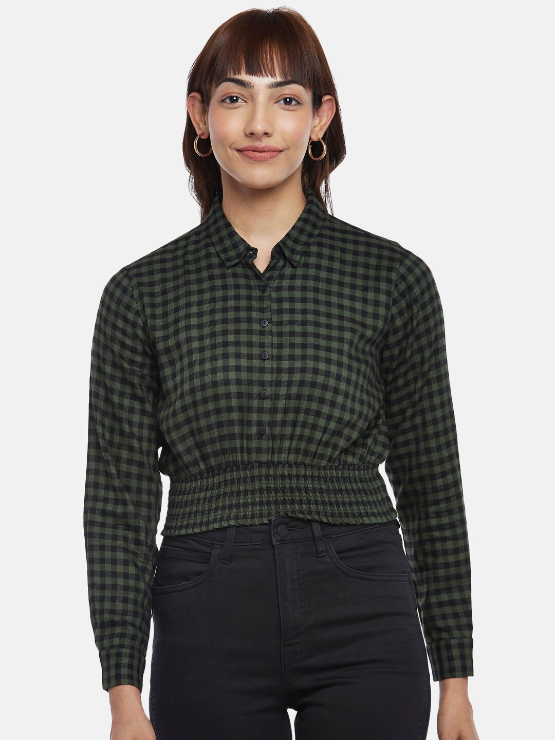 

People Women Checked Shirt Style Top, Olive
